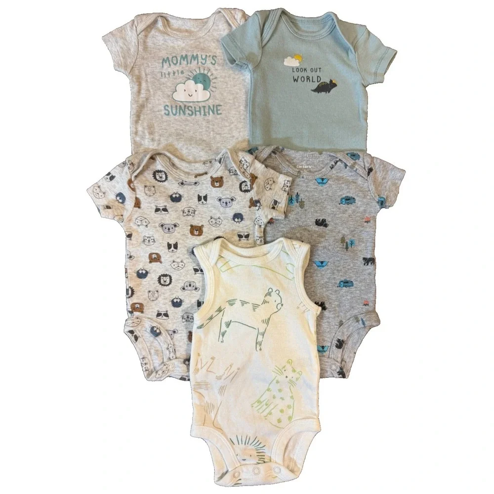 Carters Baby Newborn Short Sleeved Boys Bodysuits Shirts Romper Clothes Lot of 5
